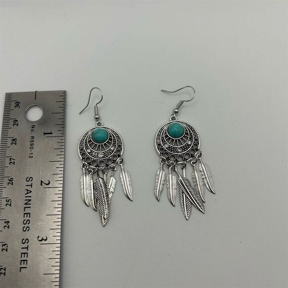 Bohemian Faux Turquoise Beaded Dream Catcher Feather Dangle Earrings Silver Tone - Picture 4 of 6